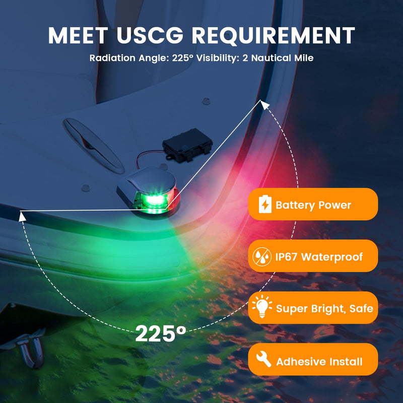 Battery Powered Navigation Light for Boat, Remote Control LED Marine Light with Dimmable & Timer Function, Waterproof Safety Light for Kayak Canoe Jon Bass Boat Integrated Red/Green Light