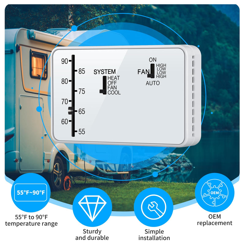 Briidea RV Thermostat Compatible with Coleman 7330 * 335*, 7330 * 385*, 7330 * 336* Series, Heat & Cool Camper Thermostat, 12 VDC, White, Easy to Use