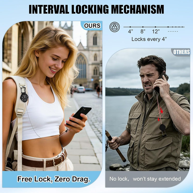 Oaridey Anti Theft Phone Strap with Interval Locking, Retractable Steel Cell Phone Lanyard with Metal Carabiner and 360° Phone Tether Tab For Skiing, Hiking, Fishing, Concert and Traveling, 2 Packs