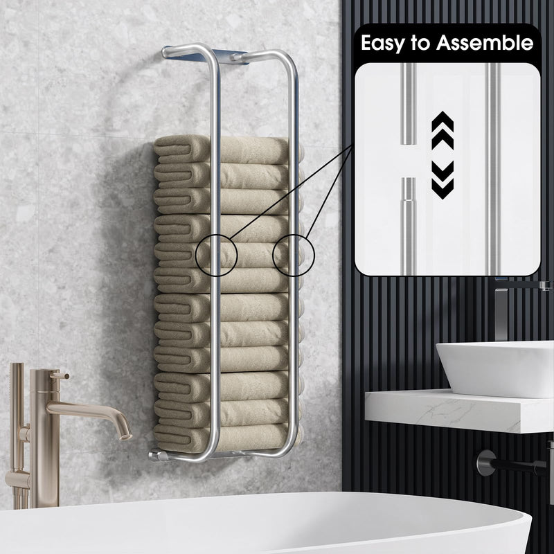 Danpoo Towel Racks for Bathroom Wall Mounted, Towel Storage Organizer, Stainless Steel Bath Towels Holder for Rolled Towels, with 2 Hooks, Brushed Silver