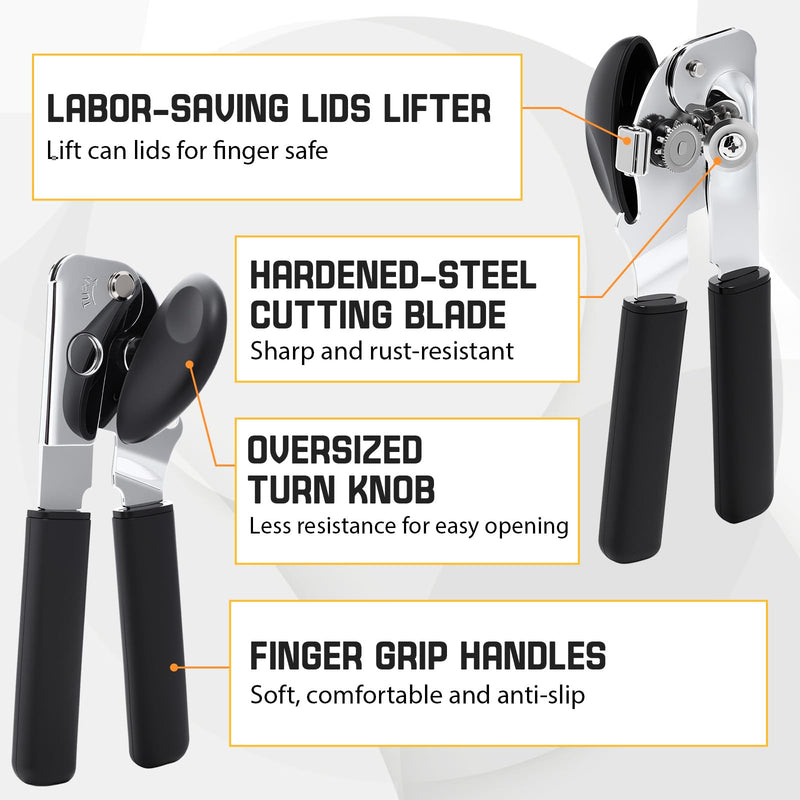 2 Pack Manual Can Opener with Magnet, Smooth Edge Handheld Can Opener for Seniors with Sharp Blade and Grip Handle, Heavy Duty Tin Bottle Cutter for Kitchen Camping, Black