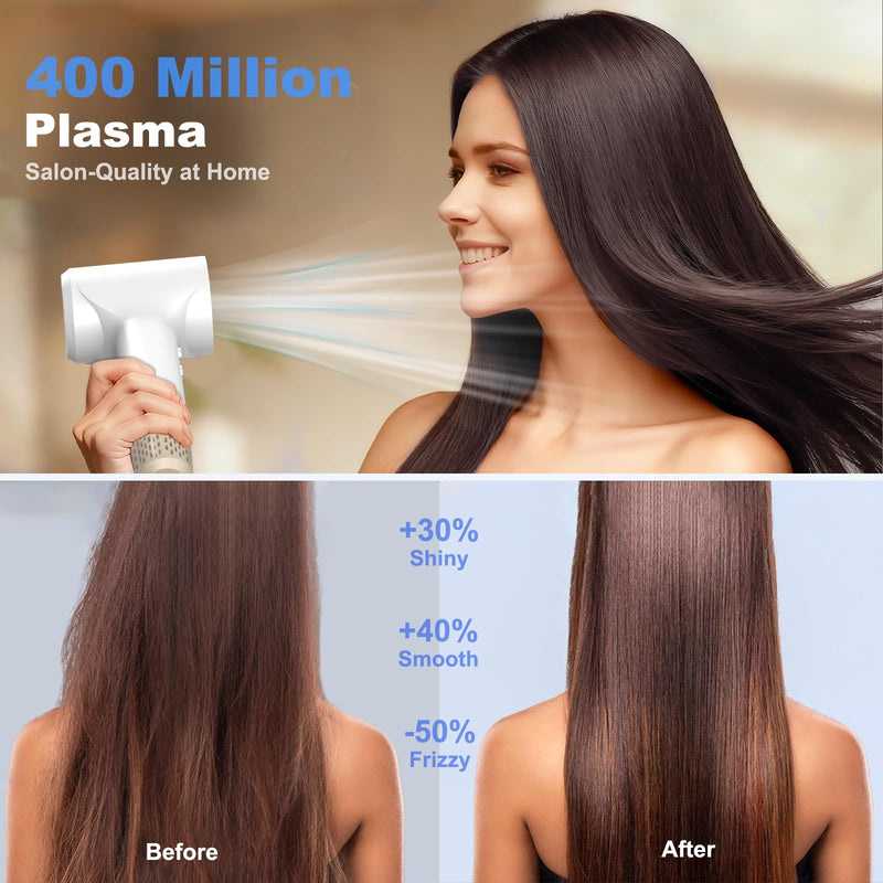 LKV Ionic Hair Dryer Professional Blow Dryer Portable Travel Hairdryer | Plasma Hair Dryers with Concentrator Nozzle, Fast Drying, Low Noise, Anti-Frizz, Small Lightweight Hairdryer for Women Men Pearlwhite
