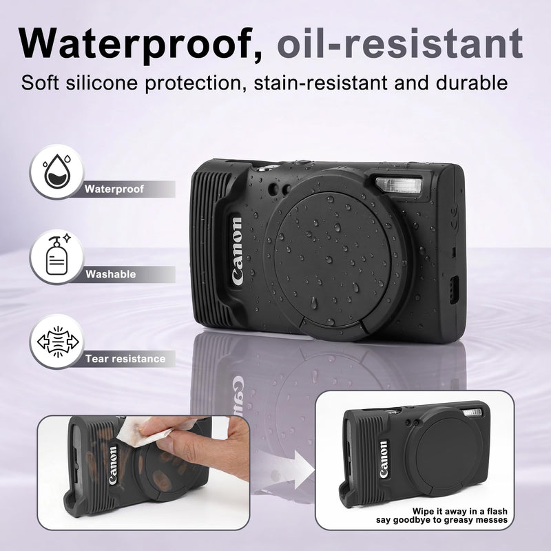 Case for Canon PowerShot ELPH 360 HS/IXY 650/IXUS 285 HS Camera | Soft Silicone Protective Case Removable Lens Cover,Comes with 2 Screen Protectors and 1 Wrist Strap (Black) Black