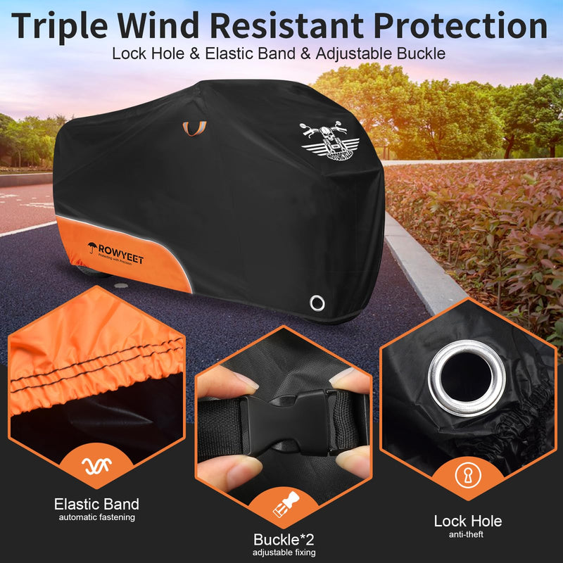 Motorcycle Cover Waterproof Outdoor Storage with Lock-Holes, Zipper Storage Bag & Night Reflective Design, All Season Protection Powersports Vehicle Covers Fits up to 96.5" Motorcycles 210D Orange 96.5"