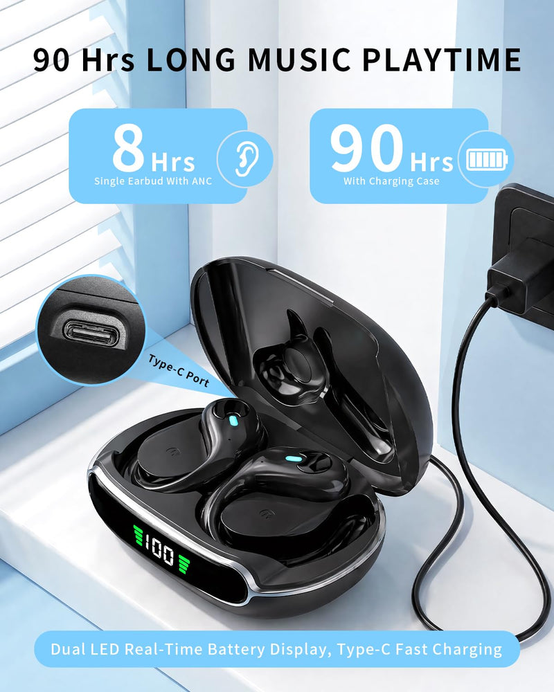 Active Noise Cancelling Ear Buds Wireless Earbuds 90H Playtime Bluetooth Headphones Stereo Bass Over-Ear Hooks Earphones with Power Display Case IPX7 Waterproof Headset for Workout/Running, Black