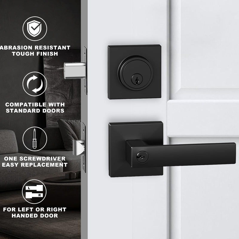 JO.KO Keyed Entry Door Handle and Single Cylinder Deadbolt Door Locks,Matte Black Front Door Handle and Deadbolt Set,Heavy Duty Exterior Door Lever for Office and Home 1 Key 1 Combo 1 Pack