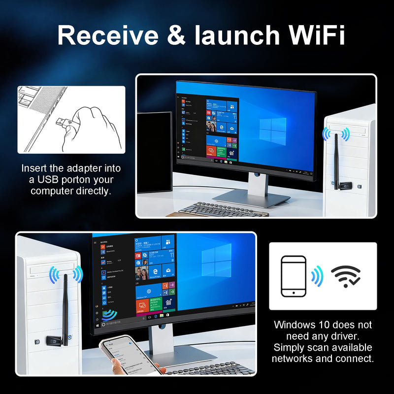 JAPOO RTL8811AU WiFi Wireless USB WiFi Adapter for Desktop PC and Laptop,600Mbps High Gain Dual Band 3.5dBi Antenna 5.8G/2.4G WiFi Adapter,Supports Win7/8/8.1/10/Linux (with Antenna) W58L-600M
