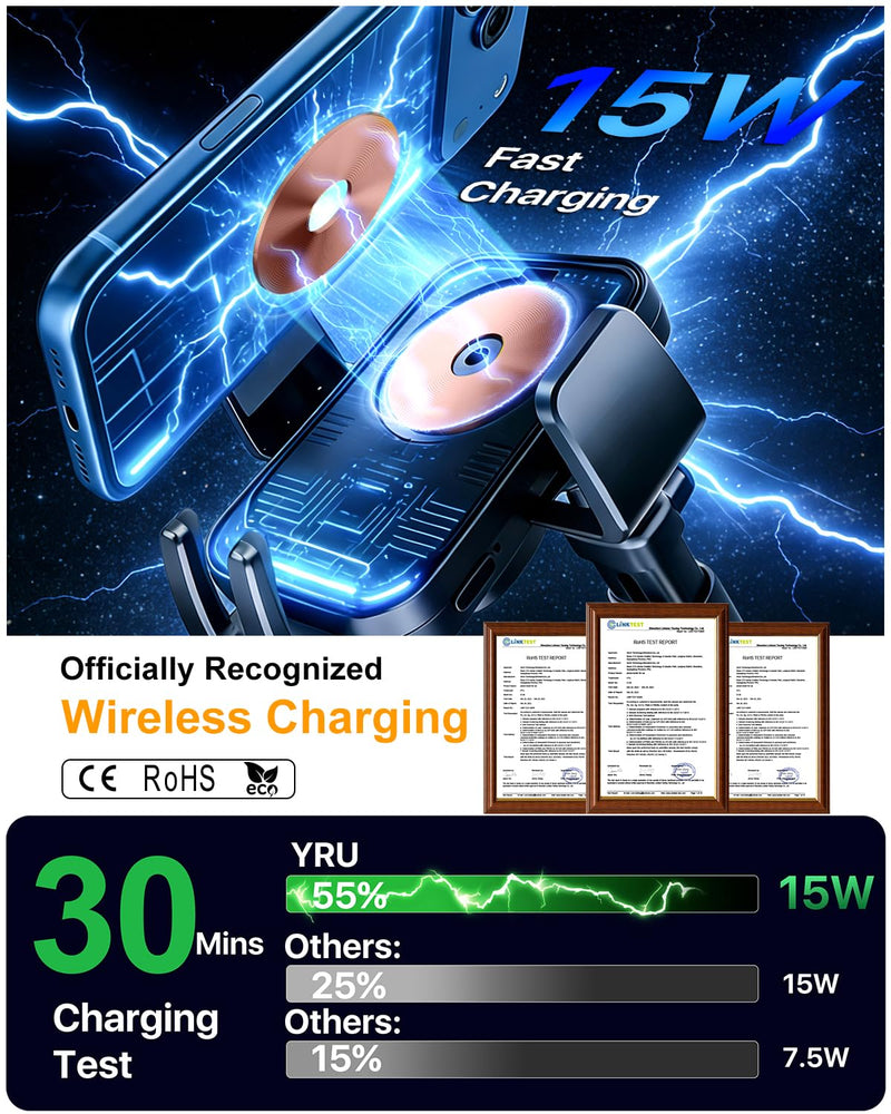 YRU [True Military-Grade Wireless Car Charger Mount, 15W Charging Auto Clamping Car Phone Holder [98+LBS Strong] Dashboard Windshield Vent Cellphone Holder for iPhone 17 16 15 Pro Max, Space Black