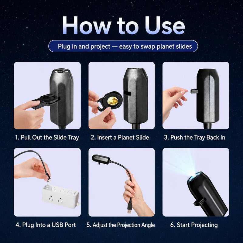USB LED Moon Projection Light, 360 Rotating Adjustable Projector Lamp with Replaceable Pattern Head for Bedroom, Living Room, Party and Home Decor