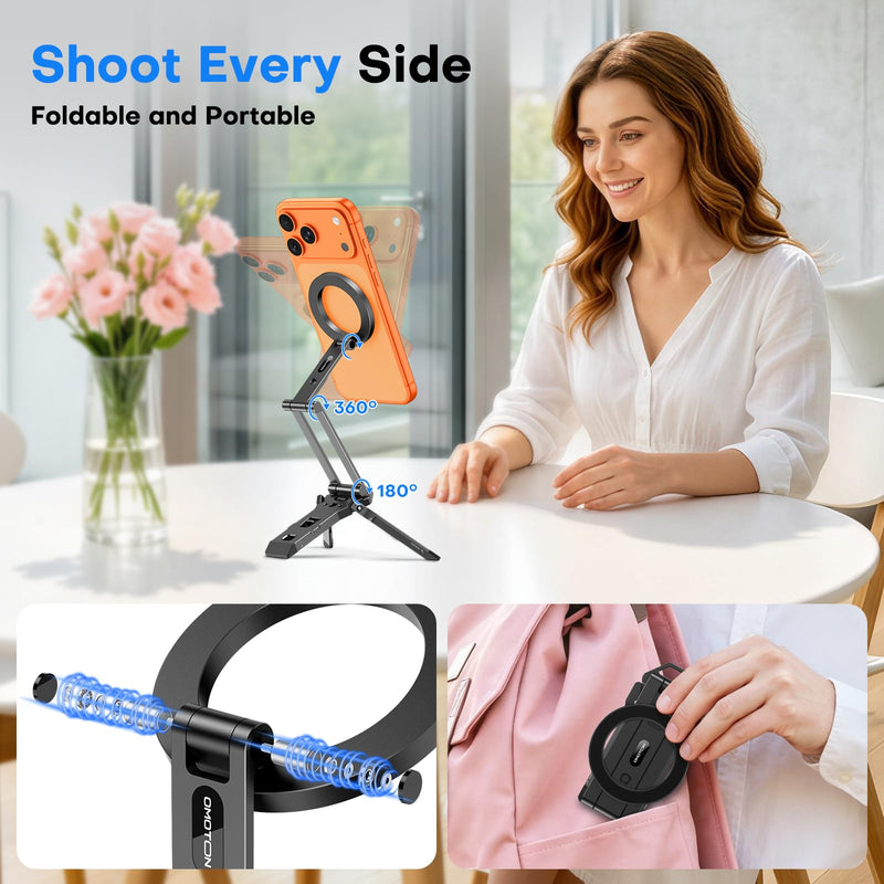 OMOTON TP06-E [3-Adjust] Sturdy Compact Magnetic Phone Tripod for iPhone 17 | Mini Phone Stand for MagSafe, Two 1/4" Screw& Arca, Fold Hook, Fits Vlog, Creators, Live, Women Men Gift, Travel Essentials 1-Black