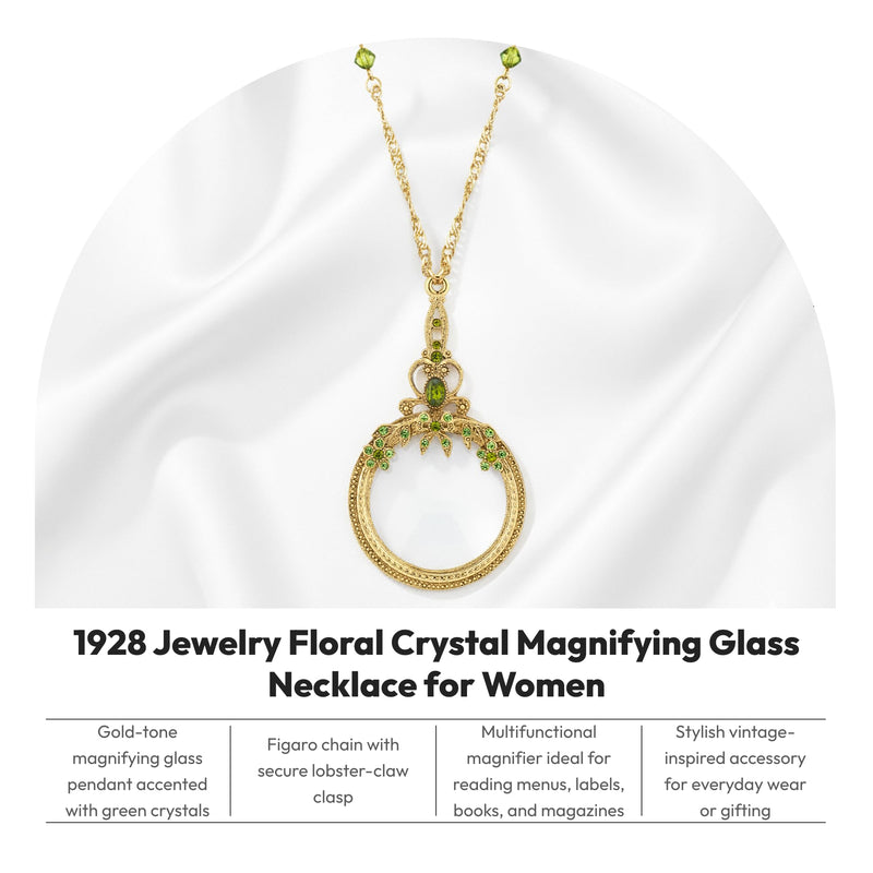 1928 Jewelry Floral Crystal Magnifying Glass Necklace For Women 30" - Magnification Power: 2X, Multifunctional Magnifier Perfect For Reading Menus, Labels, Books, Magazines Green
