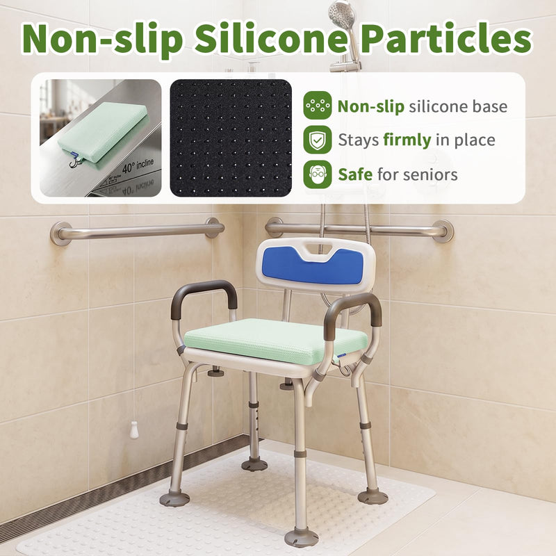 Gooo&Ma Non-Slip Waterproof Shower Seat Cushion Bathtub Pillow Shower Chair Bench Bathtub Cushion - with 3D Mesh & Hook - Bath Pillow，for Elderly，Pregnancy - Washable and Quick Drying(Green) Green