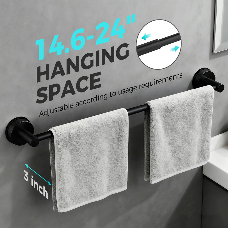 Adjustable Suction Cup Towel Bar for Bathroom Wall,14.6Inch~24 Inch Towel Racks for Bathroom,Stainless Steel Bath Towel Holder for Shower(Matte Black) Black-1pc 14.6-24"