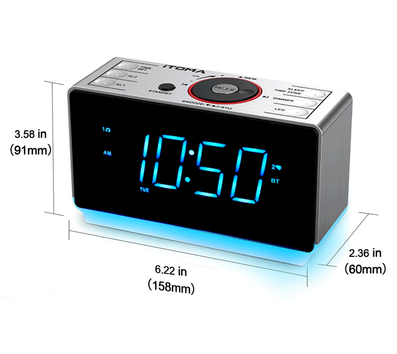 iTOMA Alarm Clock Radio with Bluetooth Speaker, FM Radio, Dual Alarm with Snooze, Large LED Display, Dimmer Control, USB Charging Output and Night Light CKS708