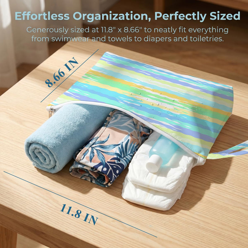 Fokongna Reusable Waterproof Wet Bags 2 Pack, Leak Resistant Dry Wet Separation Organizer for Swim Wear Beach Towels Gym Clothes Travel Essentials Summer Stripe Set 03