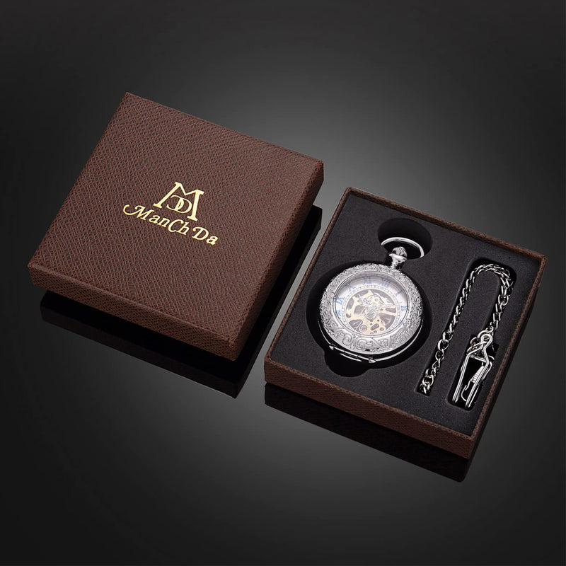ManChDa Pocket Watch Retro Smooth Classic Mechanical Hand-Wind Pocket Watch Steampunk Roman Numerals Fob Watch for Men Women with Chain + Box A. Silver