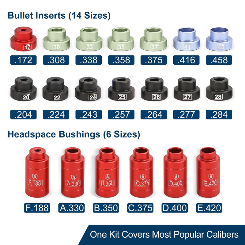 Bullet and Headspace Gauge Comparator Kit with 14 Inserts and 6 Bushings, Reloading Supplies and Equipment and Reloading Tool with Tin Box, Anodized Aluminum Headspace Comparator Kit