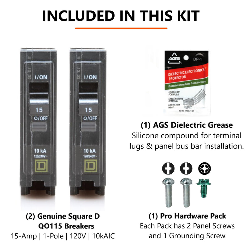Genuine Square D QO115 QO 15 Amp Circuit Breaker Kit (2 Pack), Single Pole, 15A, 120V, 10kAIC, Plug-in for QO Load Centers & Panel Box, Visi-Trip, New Replacement 15 Amp Kit