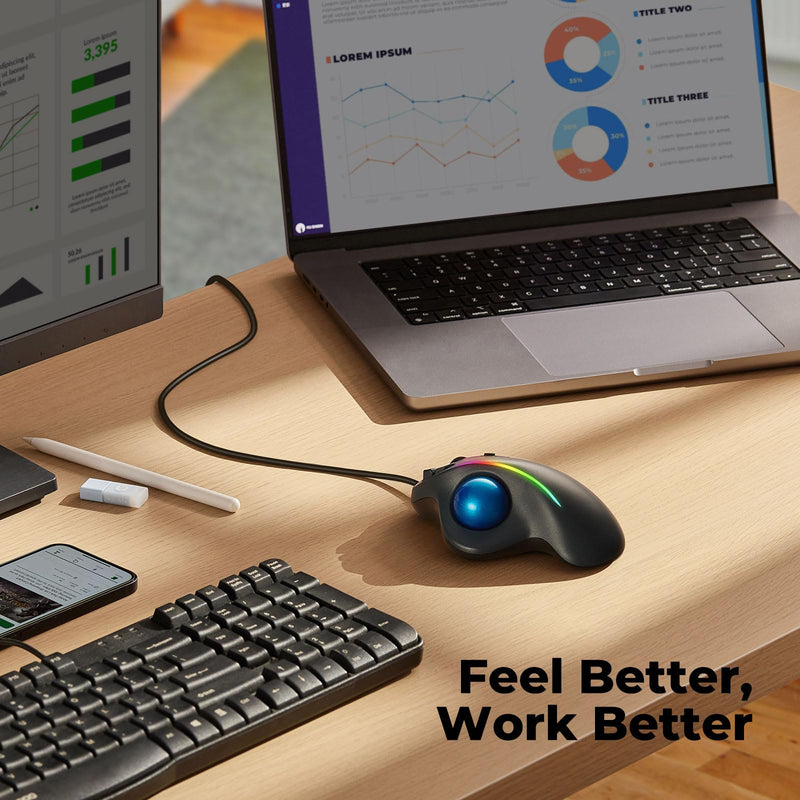 Trackball Mouse Wired, Ergonomic Comfort Design Reduces Muscle Strain, USB Plug&Play, Easy Thumb Control, Precision Tracking with 5 Adjustable DPI, RGB Rollerball Mouse Compatible for PC, Mac, Windows A-Blue