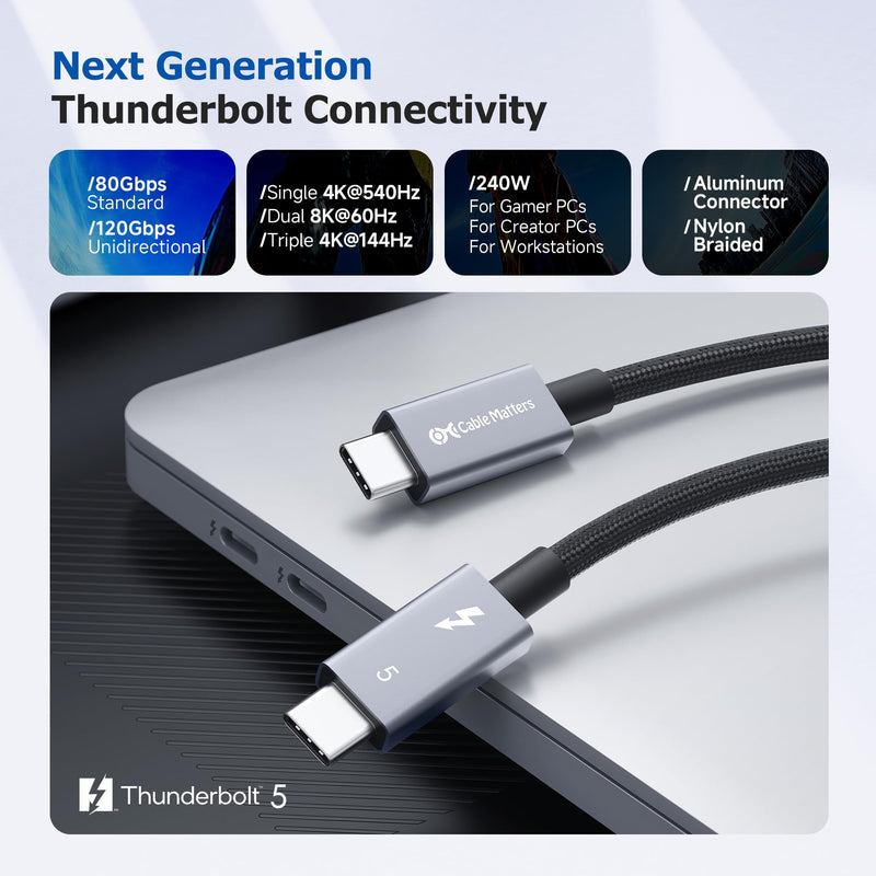 Cable Matters [Intel Certified] 80Gbps Premium Braided Thunderbolt 5 Cable with up to 120Gbps Bandwidth Boost and 240W Charging in Black - 1m / 3.3ft, Compatible with Thunderbolt 4/3, USB4, and USB-C 3.3 Feet
