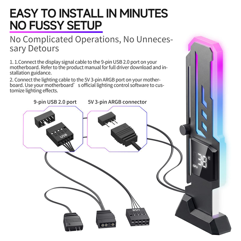 ARGB GPU Support Bracket with CPU & GPU Temp/Usage Display, Adjustable Height GPU Sag Bracket with Magnet & Non-Slip Base for Video Card, Universal Graphics Card Support, 5V3PIN RGB GPU Brace