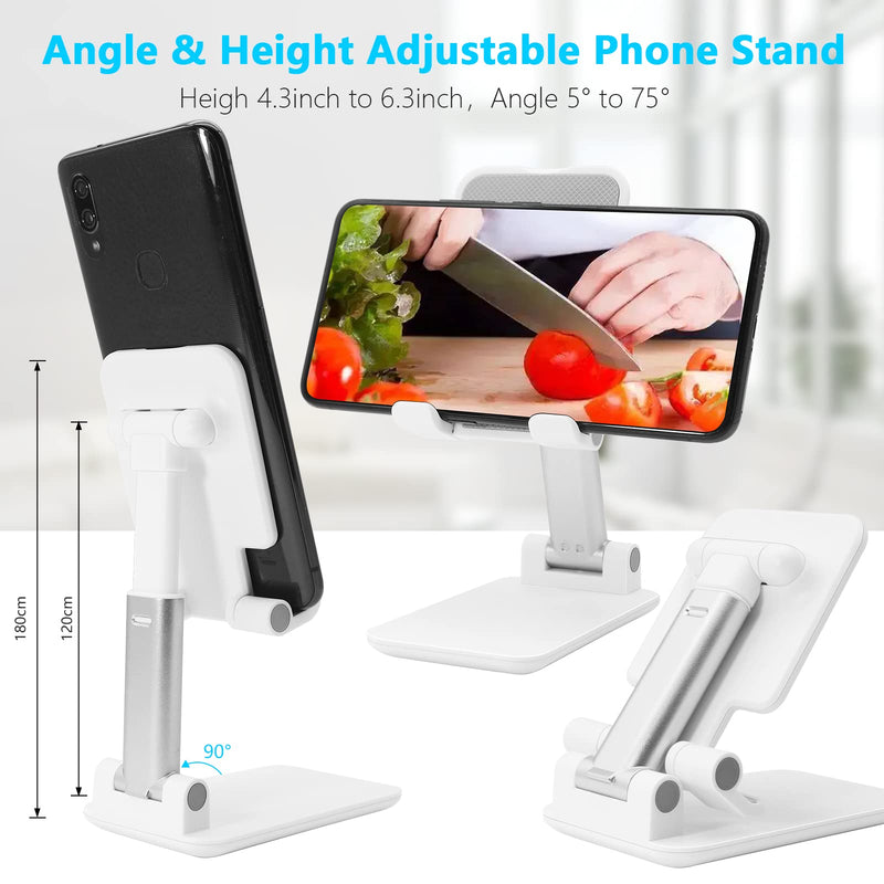 Cell Phone Stand, Folding Desktop Phone Stand, Angle Height Adjustable Mobile Phone Holder for Desk, Office, Tablet Stand Compatible with All Phones 4-10’’ Cellphone & Tablet (White) B-White