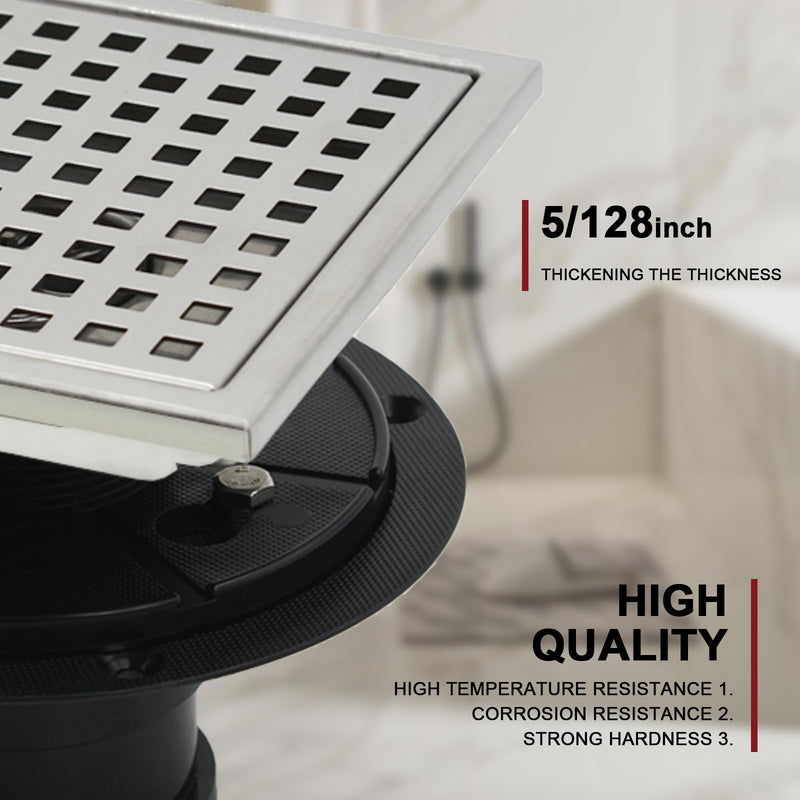 6 Inch Square Shower Floor Drain with Flange, Removable Quadrato Pattern Grate, Food-Grade SUS 304 Stainless Steel, Brushed Nickel with Hair Filter & Anti-Drop Design 6 Inch