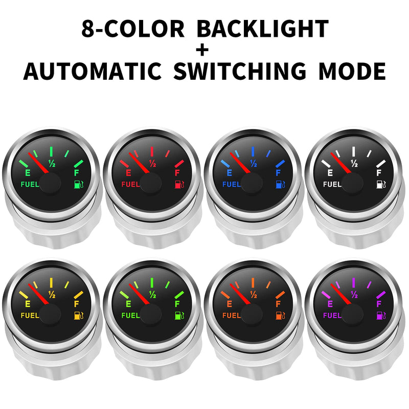 2" Fuel Level Gauge 8 Color Backlight 5 Signals Adjustable 0-190ohm,0-180ohm,10-180ohm,240-33ohm,240-30ohm,Fuel Gauge Kit for Boat Car RV Truck Vehicle Motorcycle 52mm(2")