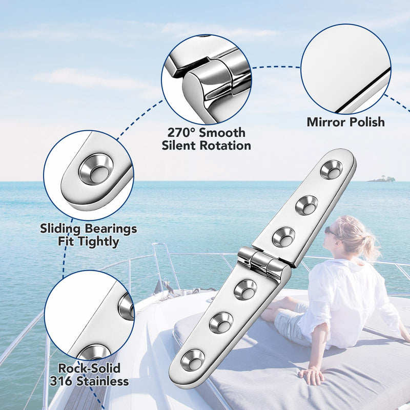 316 Stainless Steel Boat Hinges, Strap Hinge 4 x 1 in, 4 Pack | Marine grade flat strap hinge with screws, 270° rotation; for boat hatch, toolbox, cabinet, deck lid, RV and dock box. 4x1 Inch-4 Pack