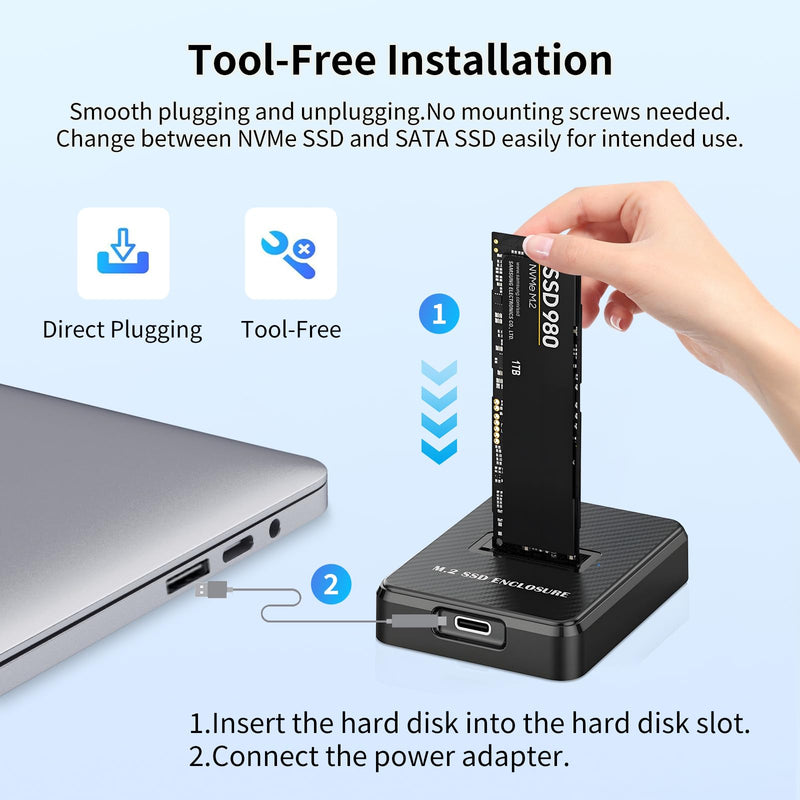 M.2 NVMe & SATA to USB Adapter - USB 3.2 Gen 2 10Gbps External SSD Enclosure, Aluminium Alloy Housing, Supports M.2 (M Key) NVMe & (B+M Key) SATA SSDs, Plug and Play External Storage Solution