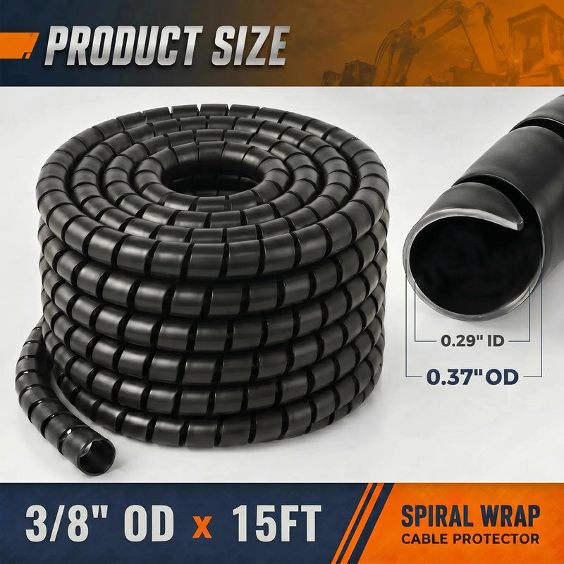Spiral Wrap Hose Protector 3/8" OD x 15 FT, Heavy Duty Hydraulic Hose Wrap, Flexible HDPE Cable Protector Sleeve for Hydraulic Hoses, Wire Harnesses & Automotive Cables Black 3/8"-15ft