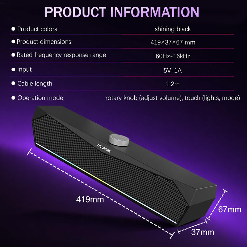 Computer Speakers for Desktop,USB Single-Cable, Computer Soundbar for PC | Compatible with Laptops | Towers | Devices |Stereo Sound and RGB Light, Plug-n-Play, Black Matte Finish, Mechanical Knobs
