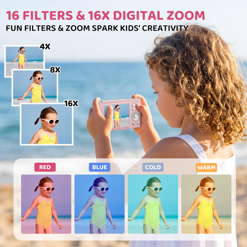 Digital Camera, 48MP FHD 1080P Point and Shoot Camera with 16x Zoom, Anti Shake Autofocus Compact Camera with 32GB Card for Kids, Beginners, Teens, Pink