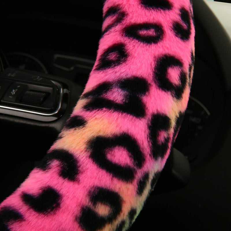 HEHA Fluffy Steering Wheel Cover for Women,Girly,Fuzzy Steering Decor,Plush, Leopard Print,Sweat-Absorb,Universal 15 Inch,Red (Fluffy-Leo) FLUFFY-LEO