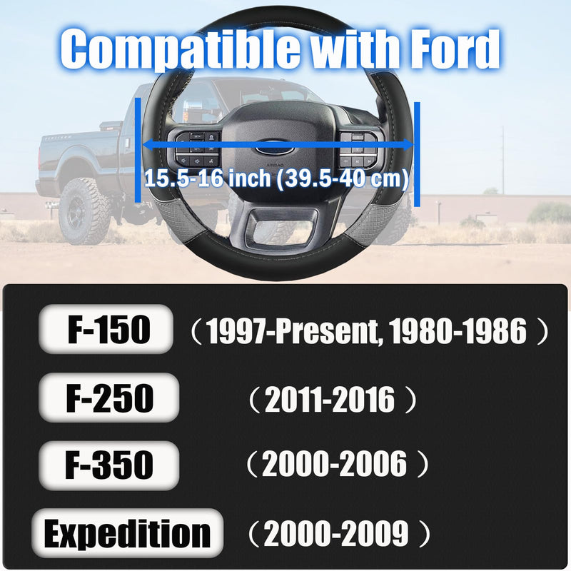 Steering Wheel Cover for Ford F-150, F-250, F-350, Expedition - Custom Fit 15.5-16 Inch Auto Car Accessory, Anti-Slip Grip & Durable Protection (15.5-16 inches - Gray) Large size (15 ½''-16'') Black + Gray
