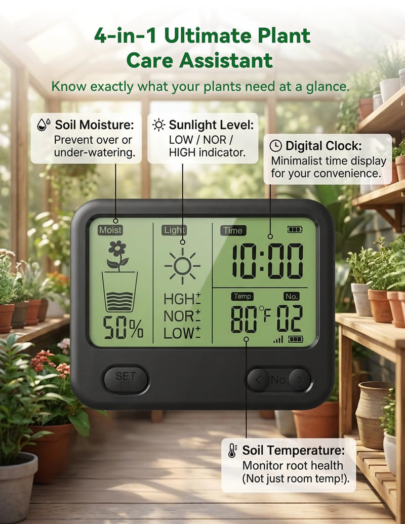 Nexuslab Wireless Soil Moisture Meter with LCD Receiver – 3‑Probe 3‑in‑1 Sensor (Moisture, Temperature, Light), 230 ft RF Range, Waterproof, Long Battery Life for Indoor/Outdoor Plants and Gardens Main Unit + 2 Sensors