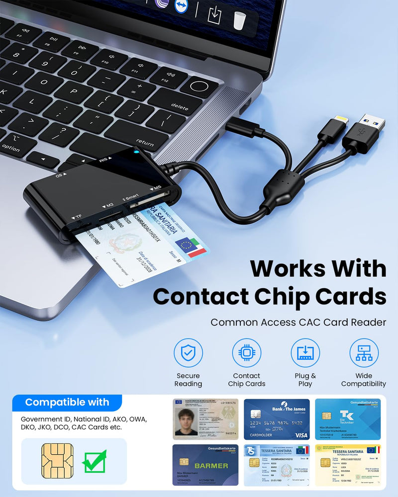 USB-A/USB-C/Lightning Smart ID Card Reader ID Bank SIM Chip SD Card Adapter | CAC ISO7816 ID Card Reader for SD/TF/MS/M2/SIM/IC/CAC&PIV Cards | Accepts Contactless for PC,Windows,Linux,Mac,Plug-and-Play Black