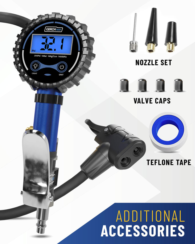 Presta Valve Air Chuck – Digital Bike Tire Inflator with Pressure Gauge – Schrader to Presta Valve Adapter for Air Compressor Blue (Classic Style)