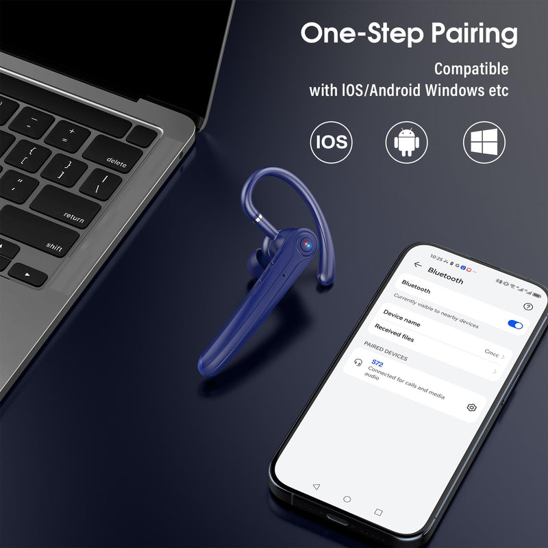 Atheewon Bluetooth Headset, Wireless Bluetooth Earpiece (Blue) | ENC Noise Canceling Mic, 120Hrs, LED Display, IPX7, V5.4 Hand-Free Earphone for Business/Trucker/Driver