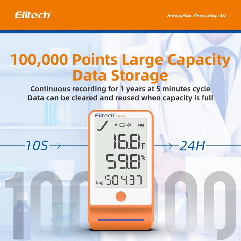 Elitech GSP-6 Bluetooth Data Logger Temperature Humidity for Refrigerator with Shadow Data 100000 Points Export PDF/CSV Report, Pharmacy Vaccine DDL Calibration Certificate, MAX MIN with Dual Probe GSP-6 Series GSP-6-TE/THE 100000Points 1