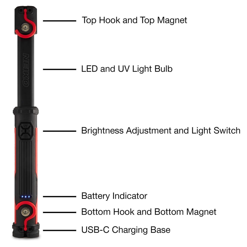 NEIKO 40337A Cordless 10-Watt 2-in-1 COB LED and UV Work Light with Rechargeable 4000-mAh Li-Ion Battery, Up to 8 Hours Run Time, Magnetic with 2 Swivel Hooks