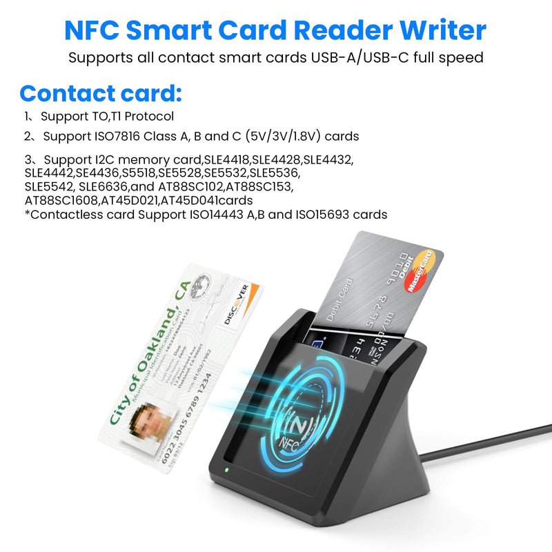 Smart Card Reader with NFC,USB A/C CAC Reader Military DOD Common Access ID Bank Chip Card Reader 2-in-1 Contact and Contactless Compatible with Mac Os, Windows 10/11,Mac OS,Android and Linux Black