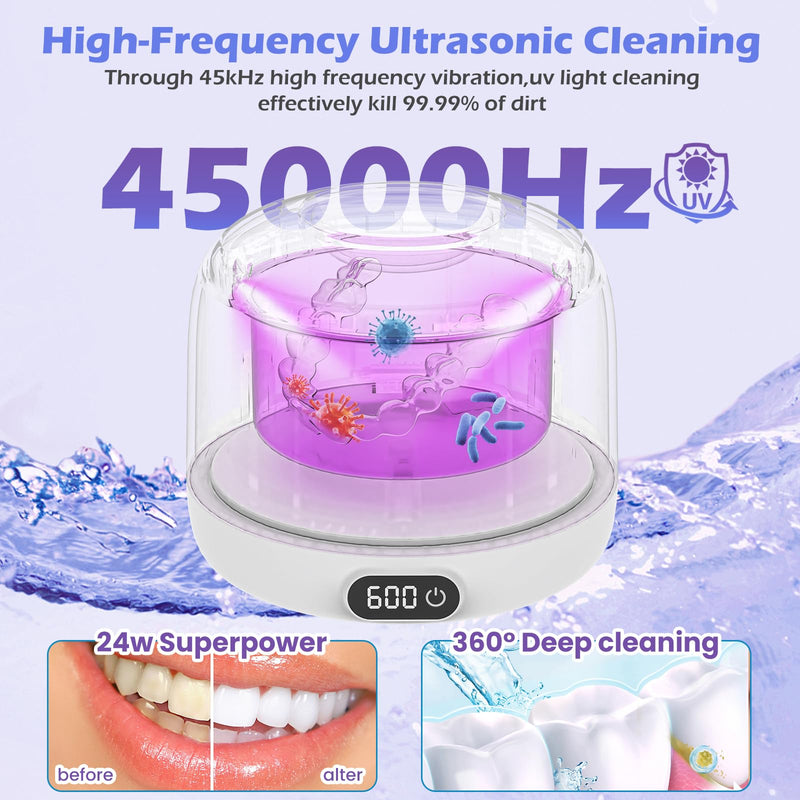 Upgraded Ultrasonic Retainer Cleaner Machine,45kHz Professional Dental Cleaning Pod with Digital Timer & 200ML Capacity,Deep Cleaning for Denture,Night Guard,Aligner,Toothbrush,Jewelry and More(White) White