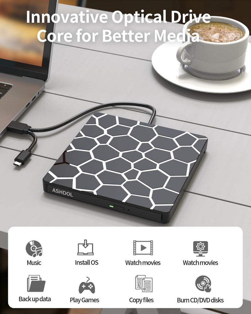 8 in 1 External CD DVD Drive, USB 3.0 and Type-C Disc Reader Burner Player | Optical Drive for PC Laptop Desktop MacBook Mac Windows Linux OS Apple