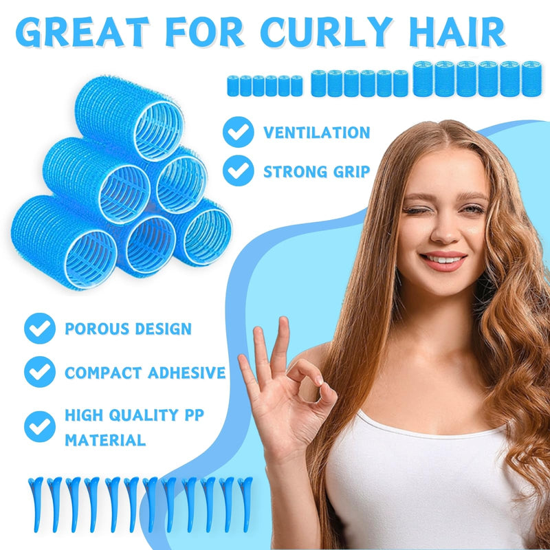 KEYRI 48PCS Hair Rollers Set Hair Rollers with Clips Self Grip Jumbo Hair Roller No Heat Heatless Hair Roller for Long Medium Short Hair Styling Hairs Salon Hairdressing Curlers (Blue, 3 Size) Blue 1 count (Pack of 48)