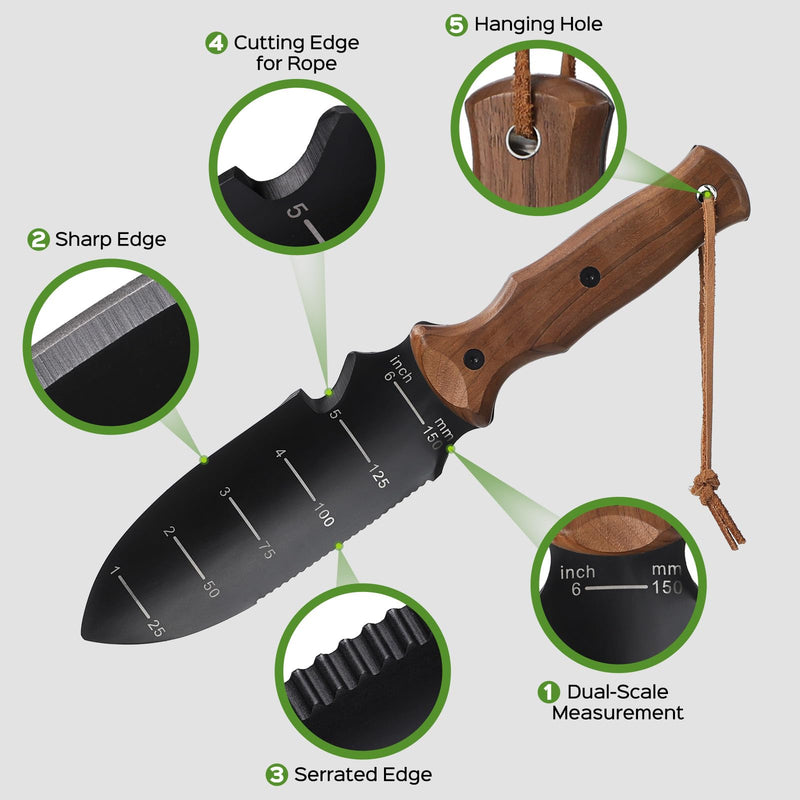 Hori Hori Garden Knife, Garden Tools Trowel with EDC Sheath, Gardening Tools for Weeding Digging Planting with 7" Stainless Steel Blade,Dual-Scale Measurement,Hanging Hole, Gifts for Women Mom Men Dad Black & Walnut