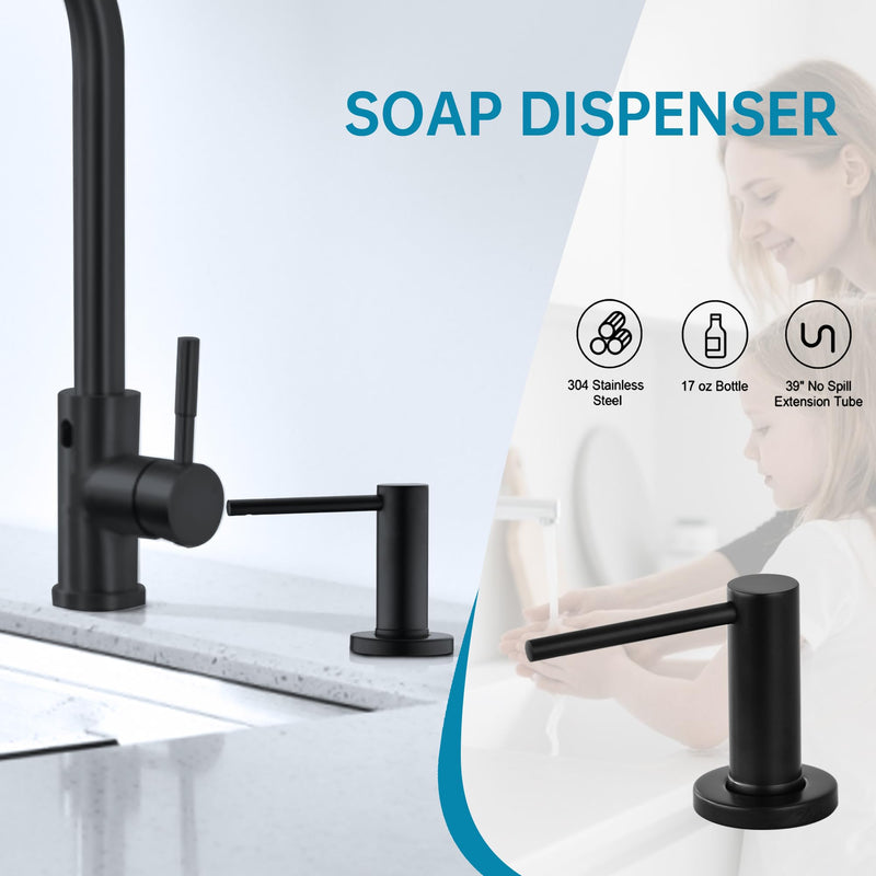 TUTEW Built in Soap Dispenser for Kitchen Sink, Matte Black Countertop Stainless Steel Pump Head, Kitchen Sink Soap Dispenser with 17OZ PET Lotion Bottle