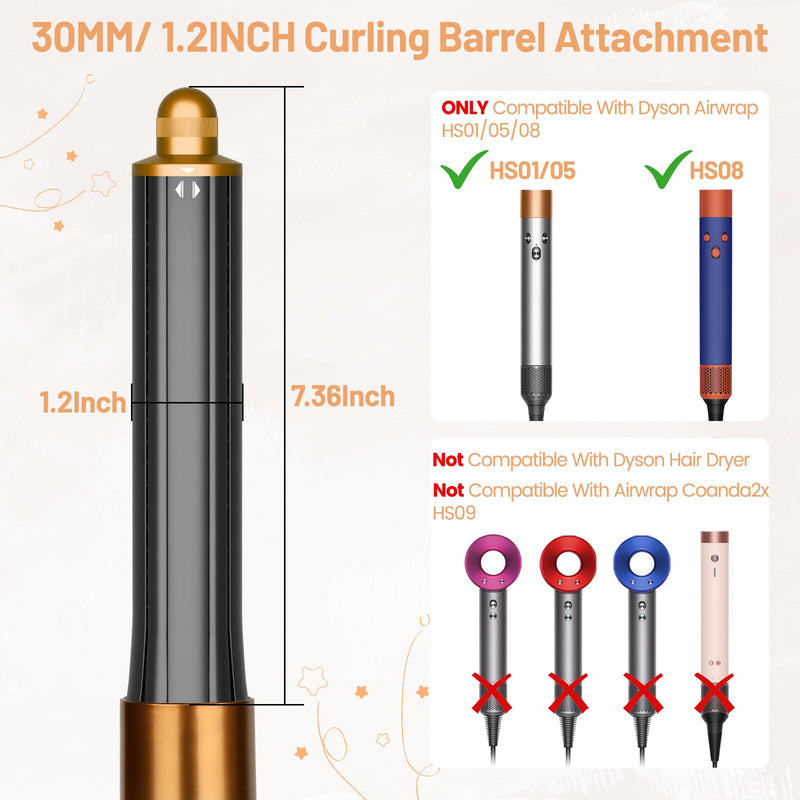 30mm/1.2Inch Long Hair Curling Barrel for Dyson Airwrap HS01/05/08 | Curling Roller Barrels Self-Curling Replacement Attachment for Part No.971888-07