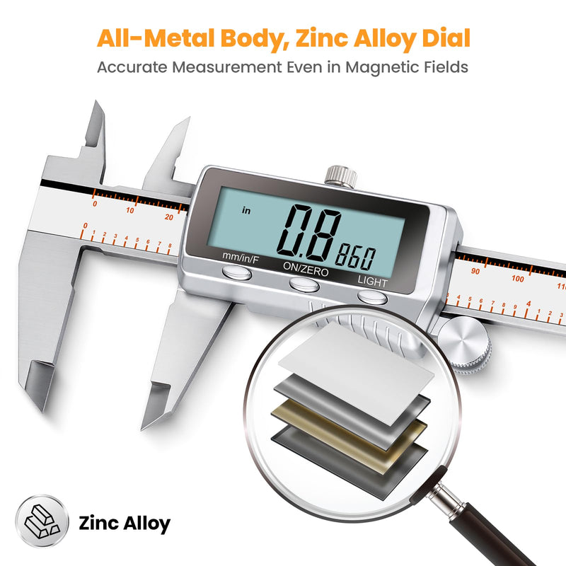 HARDELL Digital Caliper, Rechargeable Caliper Measuring Tool with Backlight LCD Screen, All Metal Calipers, Auto-Off Digital Micrometer, Inch/MM/Fraction for Household/3D-Printing-Rechargeable 6 Inch