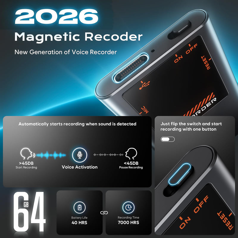 64GB(7000H) Magnetic Voice Recorder, Voice Activation & AI Noise Reduction | HD Audio Recording Device, 7000 Hours Recording Files, Slide-To-Record, Dictaphone for Classes, Interviews, Meetings 64.0 GB